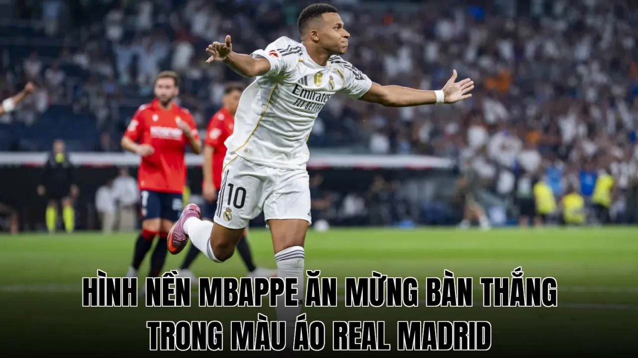 Hình nền Mbappe ăn mừng bàn thắng trong màu áo Real Madrid